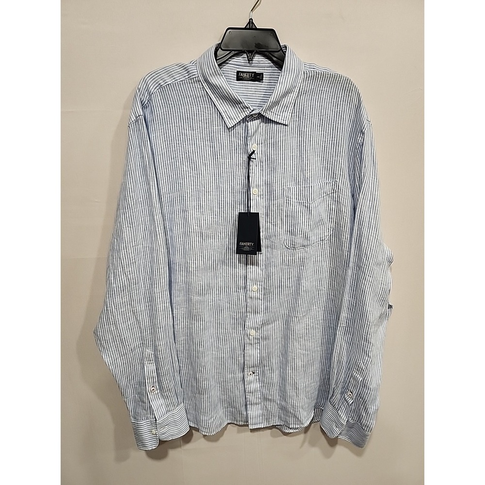 Faherty Reserve Linen Shirt NWT Mens XXL Button-up Long-sleeve Blue/White Stripe